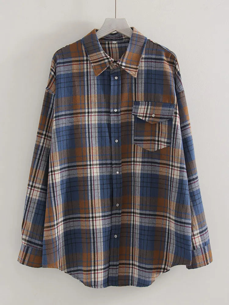 Oversized Vintage Plaid Shirt — Women's Loose Long Sleeve Flannel Top