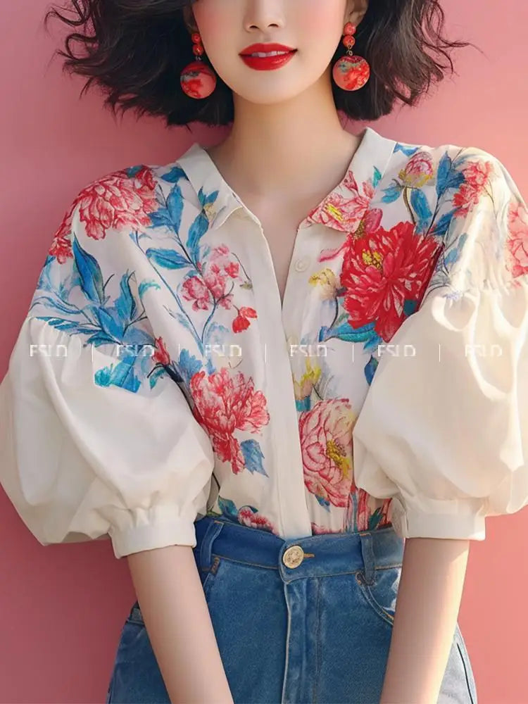 French Floral Puff Sleeve Cardigan — Retro Women's Summer Button-Up Top