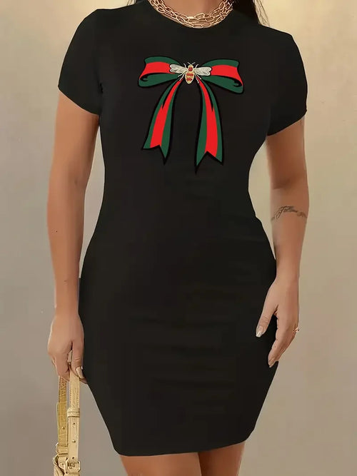 Bee & Bow Print Mini T-Shirt Dress — Short Sleeve Casual Summer Dress