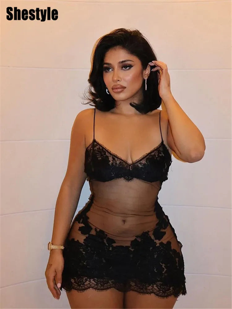 Floral Lace Mesh Mini Dress — Sheer Embroidery Bodycon