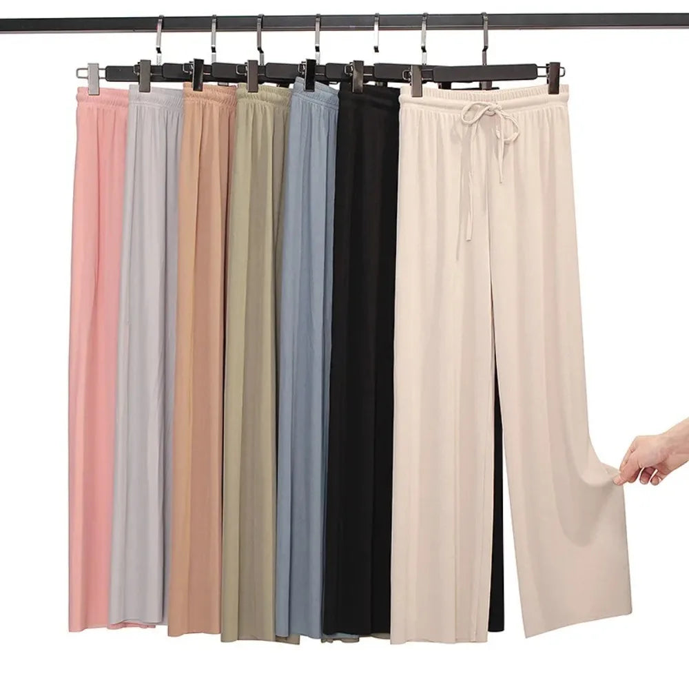 Ice Silk Wide Leg Pants — Elastic Waist Loose Summer Trousers