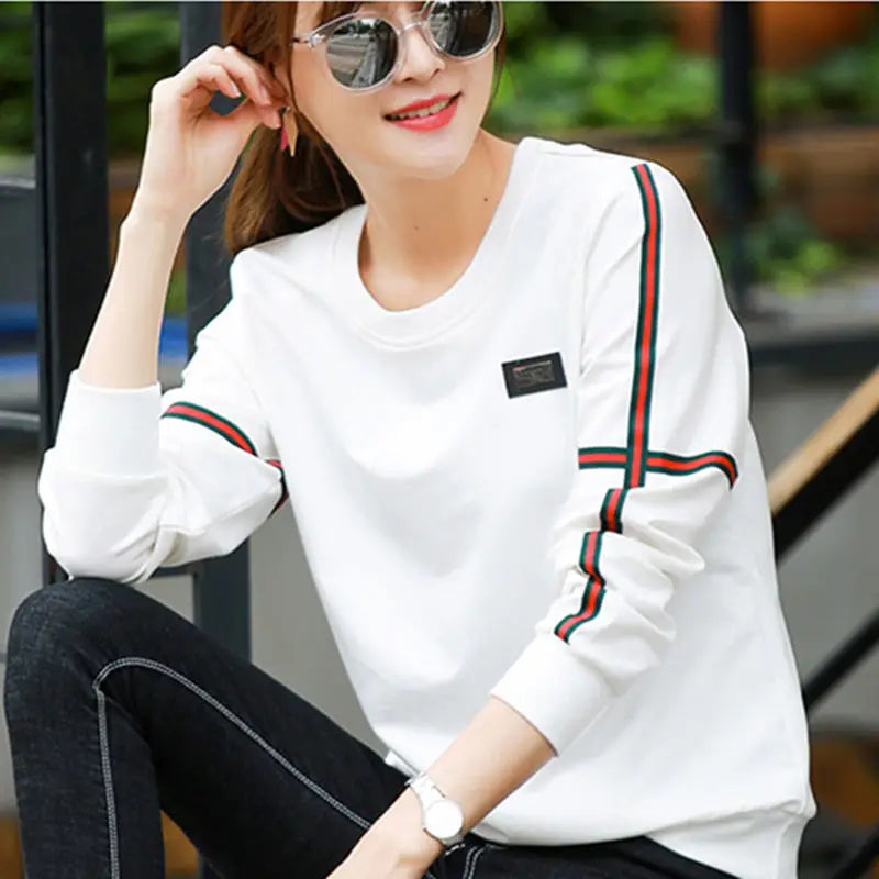 Korean Patchwork Contrast Long Sleeve Top — Loose Casual Women's Shirt