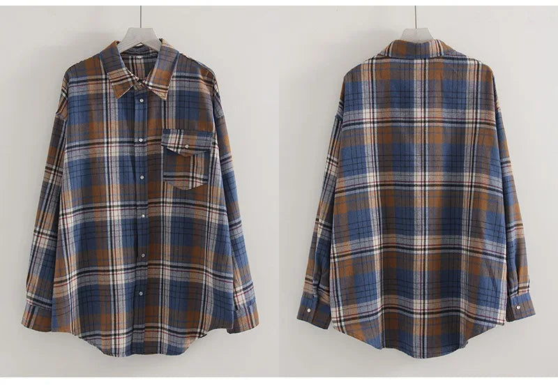Oversized Vintage Plaid Shirt — Women's Loose Long Sleeve Flannel Top