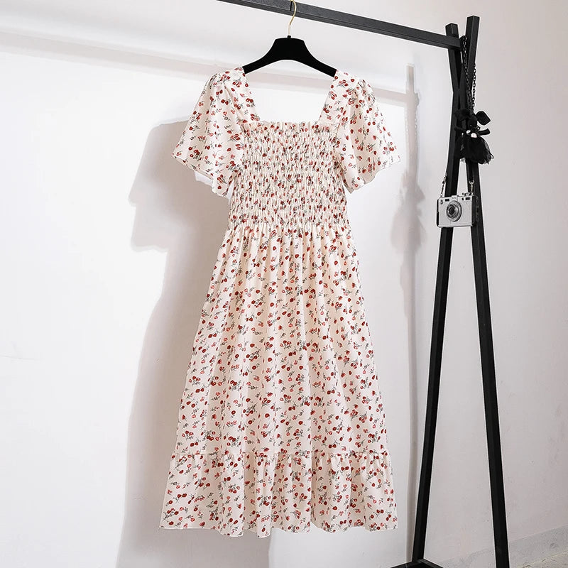 Printed Floral Chiffon Midi Dress — Short Sleeve Elastic Waist Summer Dress