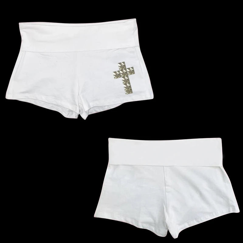 Y2K Gothic Graphic Crop Shorts — Harajuku Streetwear Print Hot Pants