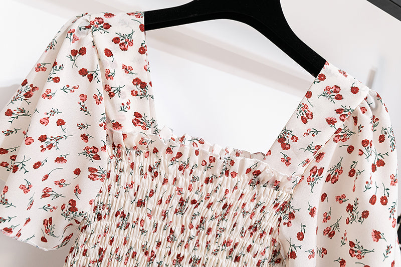 Printed Floral Chiffon Midi Dress — Short Sleeve Elastic Waist Summer Dress
