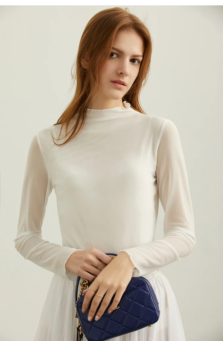 Semi-Turtleneck Slim Mesh Long Sleeve Top — Women's Casual Bottoming Shirt