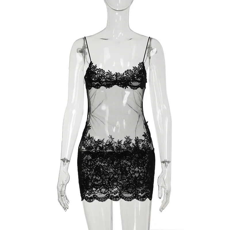 Floral Lace Mesh Mini Dress — Sheer Embroidery Bodycon