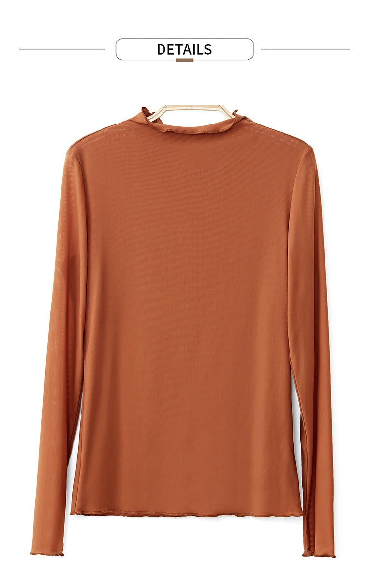 Semi-Turtleneck Slim Mesh Long Sleeve Top — Women's Casual Bottoming Shirt