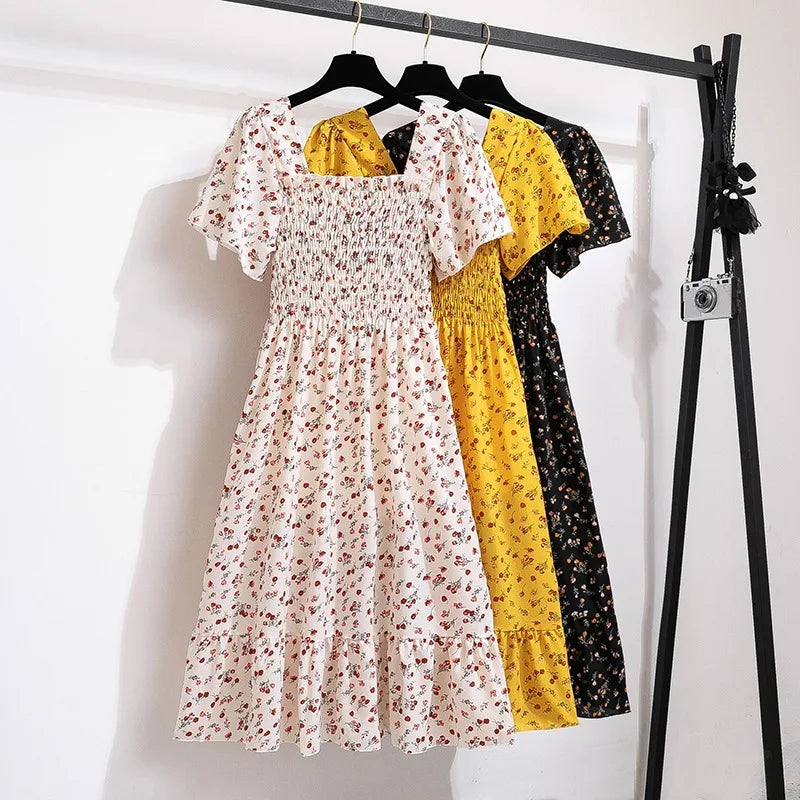 Printed Floral Chiffon Midi Dress — Short Sleeve Elastic Waist Summer Dress