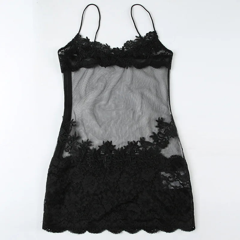 Floral Lace Mesh Mini Dress — Sheer Embroidery Bodycon