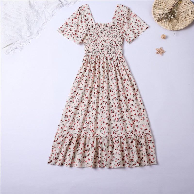 Printed Floral Chiffon Midi Dress — Short Sleeve Elastic Waist Summer Dress