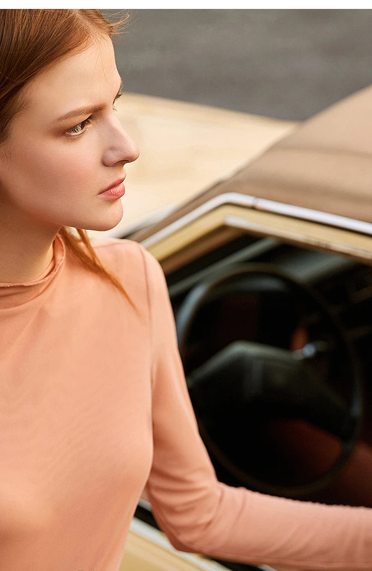 Semi-Turtleneck Slim Mesh Long Sleeve Top — Women's Casual Bottoming Shirt