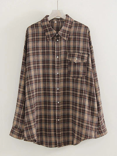 Oversized Vintage Plaid Shirt — Women's Loose Long Sleeve Flannel Top