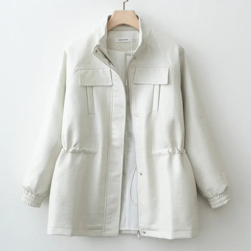 PU Leather Jacket with Adjustable Waist — Women's Zip-Up Fall Coat