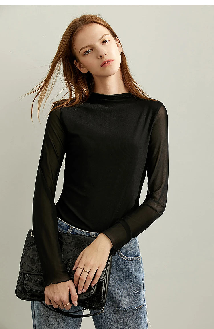 Semi-Turtleneck Slim Mesh Long Sleeve Top — Women's Casual Bottoming Shirt