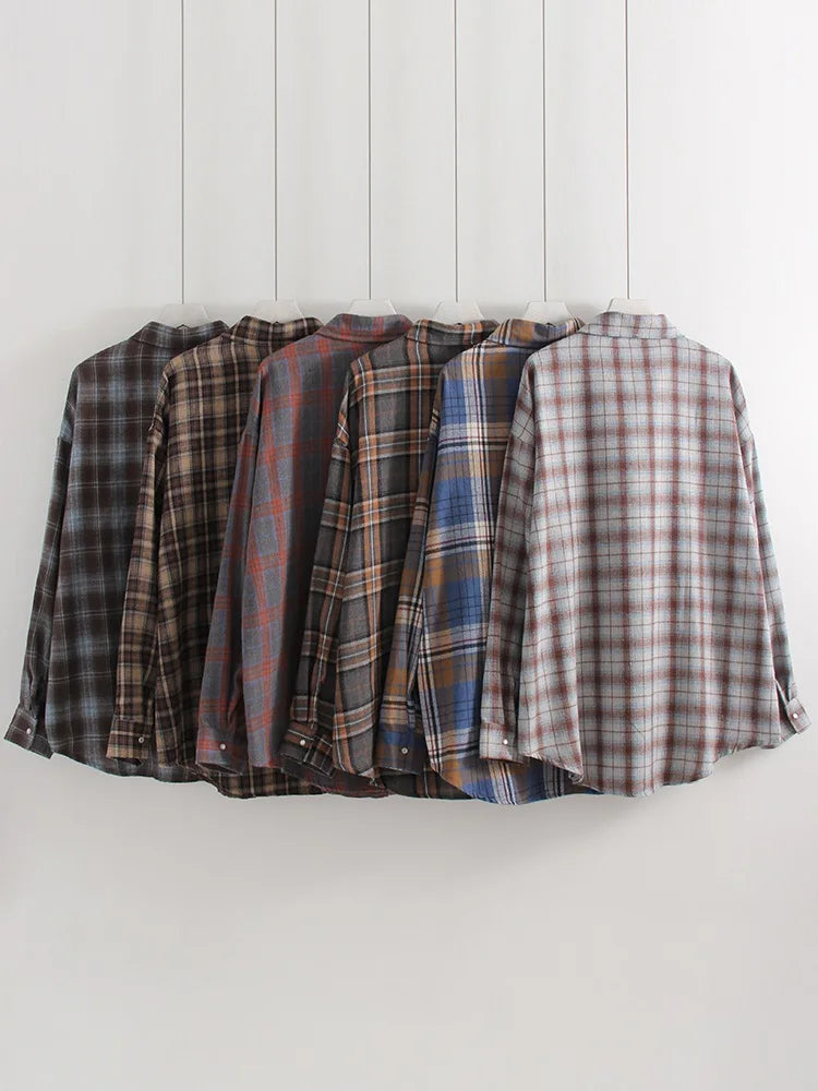 Oversized Vintage Plaid Shirt — Women's Loose Long Sleeve Flannel Top