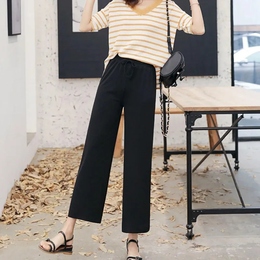 Ice Silk Wide Leg Pants — Elastic Waist Loose Summer Trousers