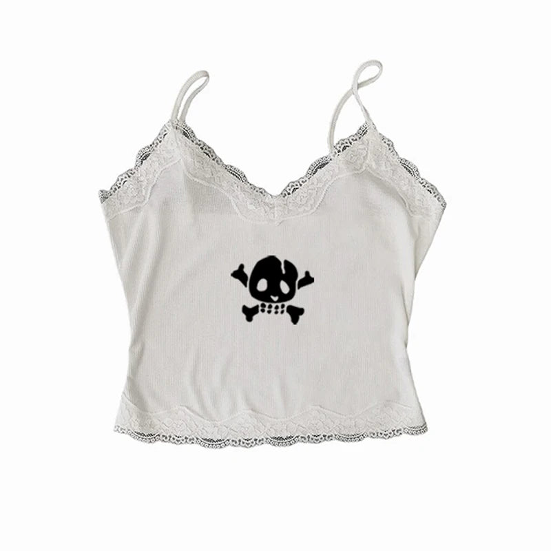 Y2K Skull Lace Crop Tank Top — Harajuku Goth Graphic Sleeveless Top