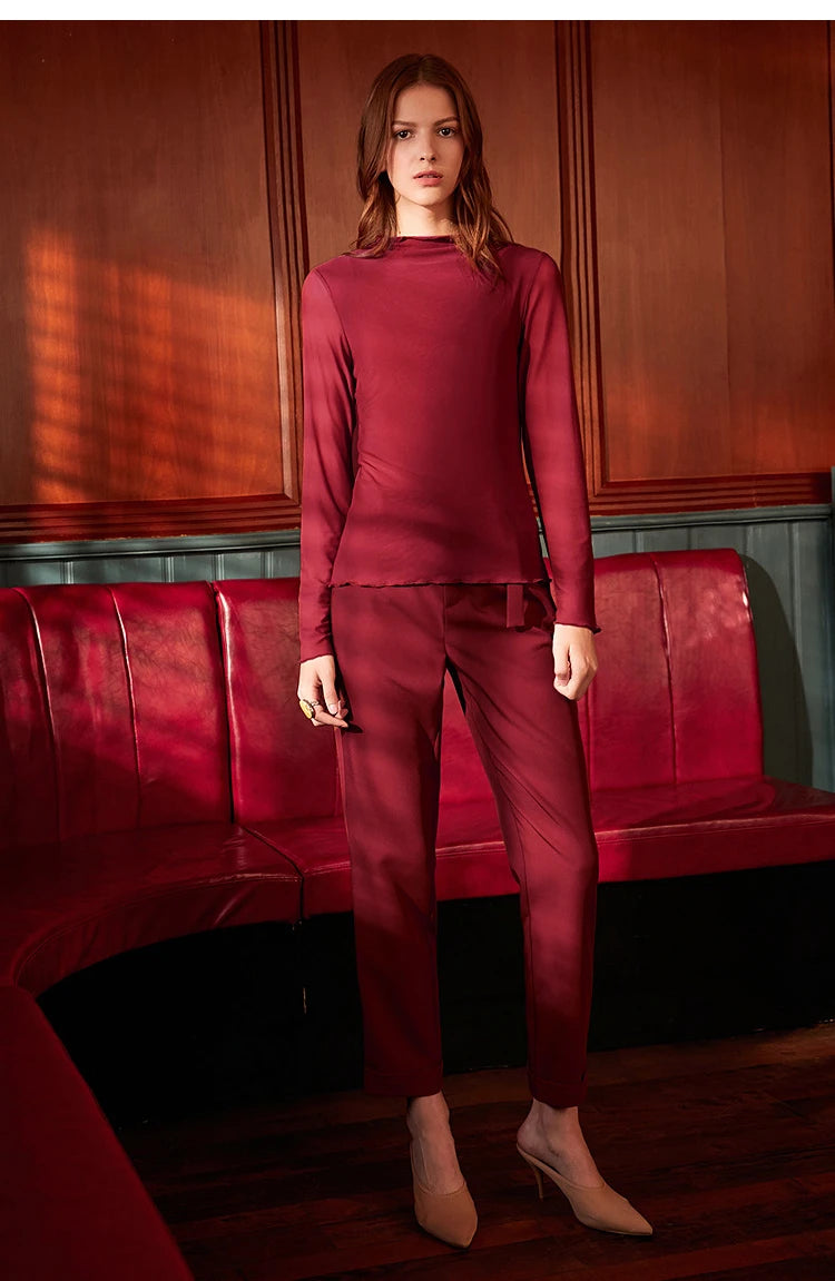 Semi-Turtleneck Slim Mesh Long Sleeve Top — Women's Casual Bottoming Shirt