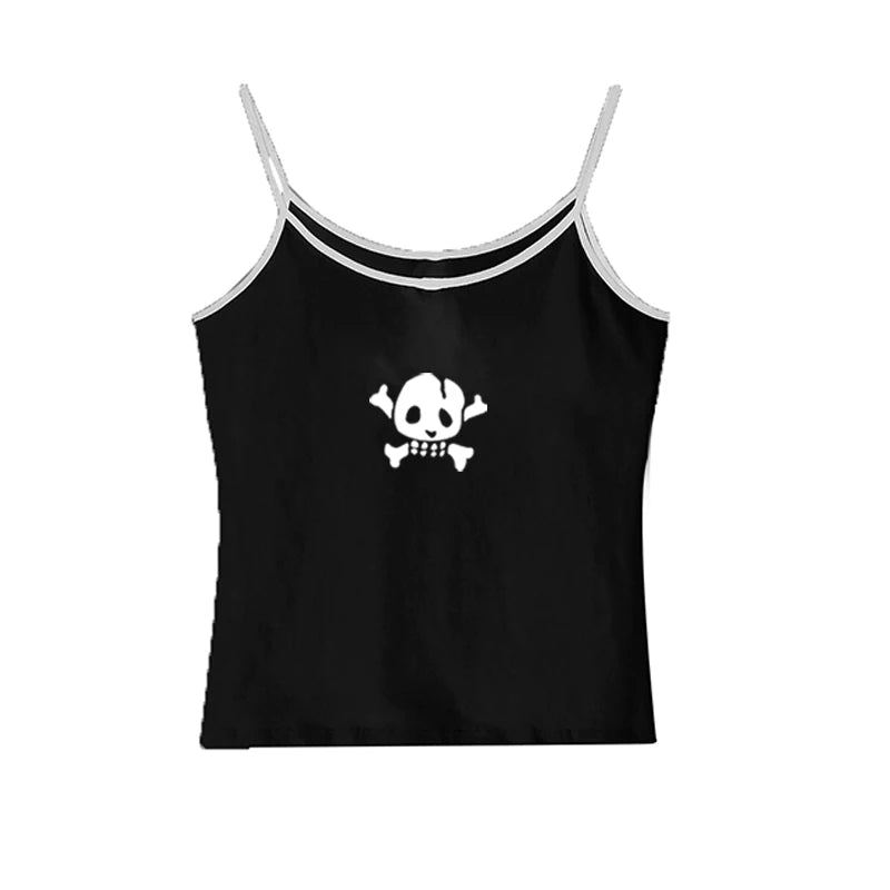 Y2K Skull Lace Crop Tank Top — Harajuku Goth Graphic Sleeveless Top