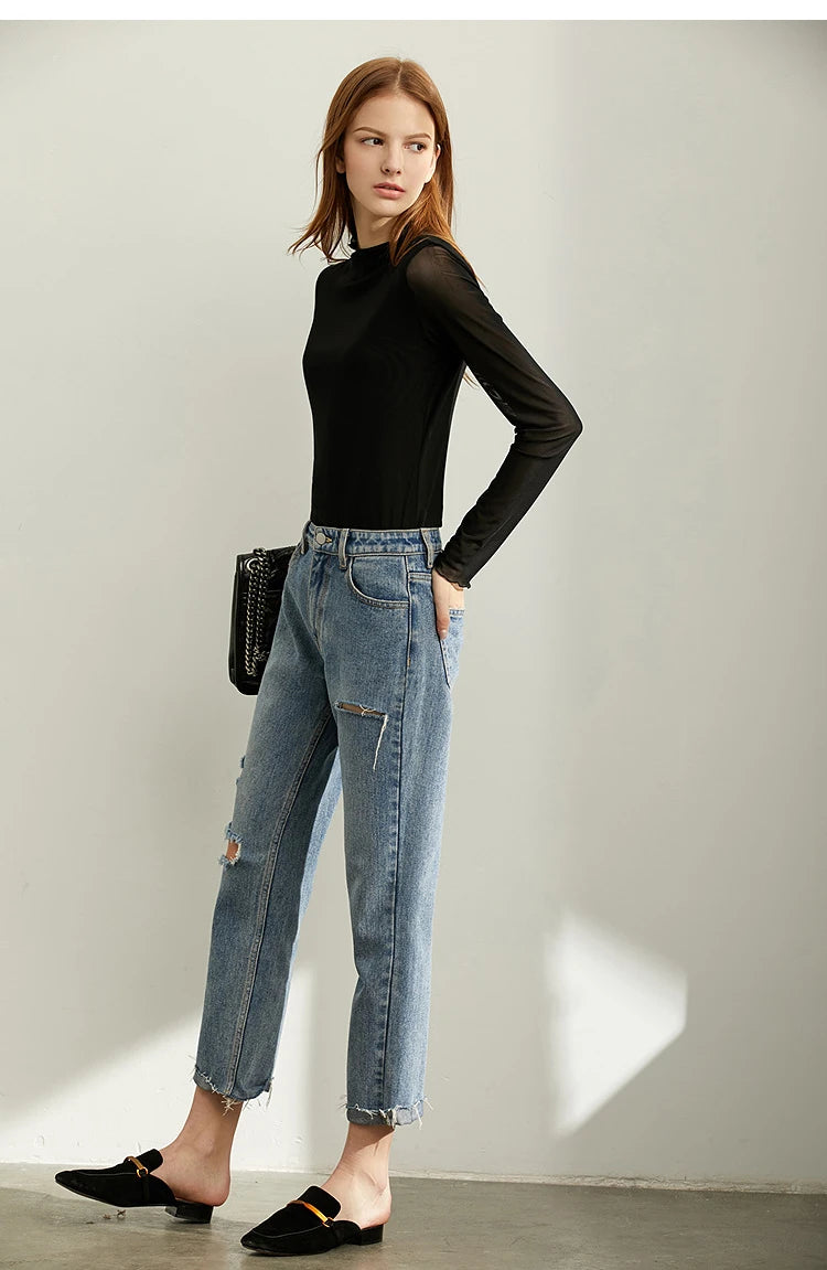 Semi-Turtleneck Slim Mesh Long Sleeve Top — Women's Casual Bottoming Shirt