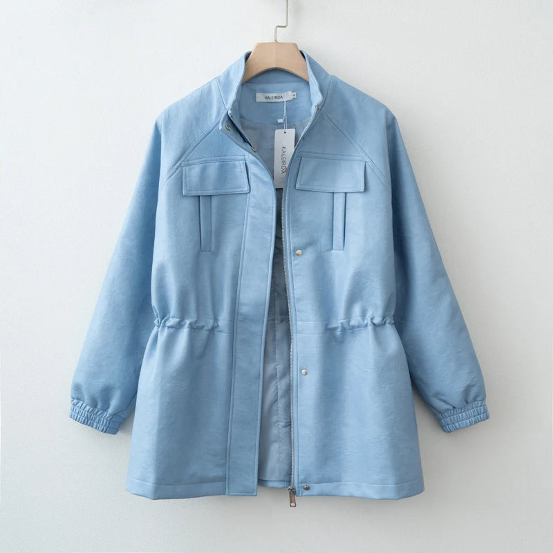 PU Leather Jacket with Adjustable Waist — Women's Zip-Up Fall Coat