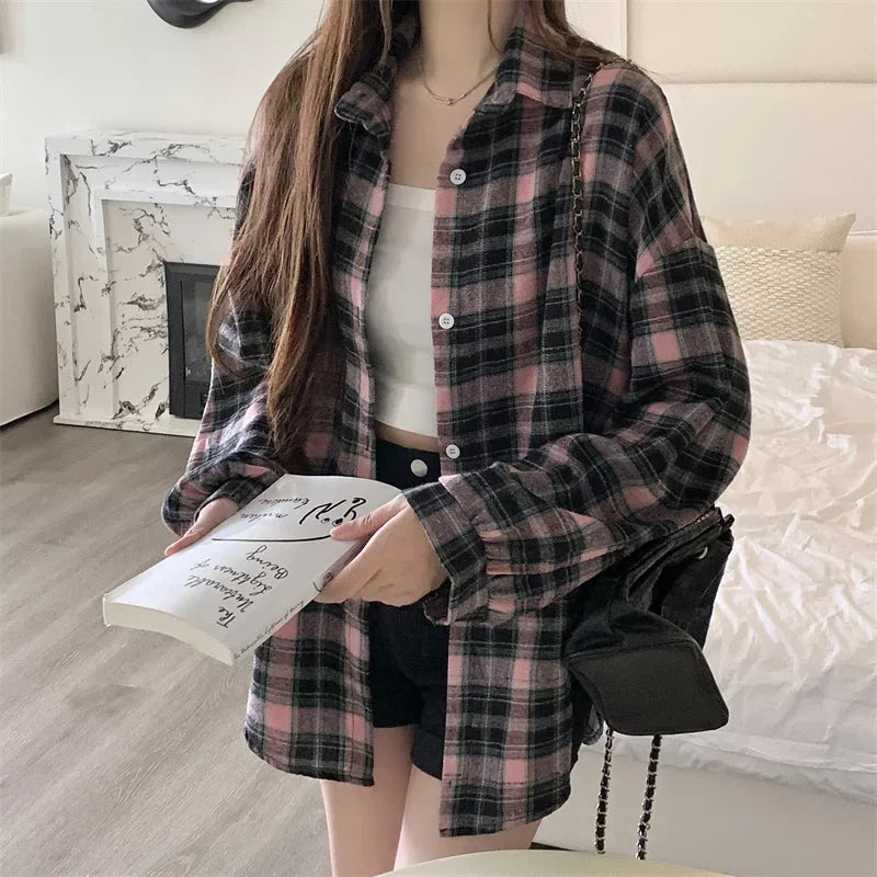 Women's Tartan Plaid Flannel Shirt Jacket — Long Sleeve Button-Up Top