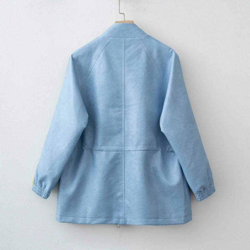 PU Leather Jacket with Adjustable Waist — Women's Zip-Up Fall Coat