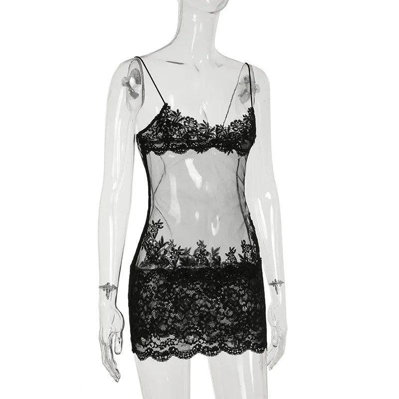 Floral Lace Mesh Mini Dress — Sheer Embroidery Bodycon