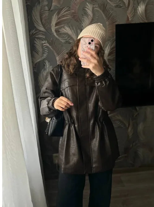 PU Leather Jacket with Adjustable Waist — Women's Zip-Up Fall Coat