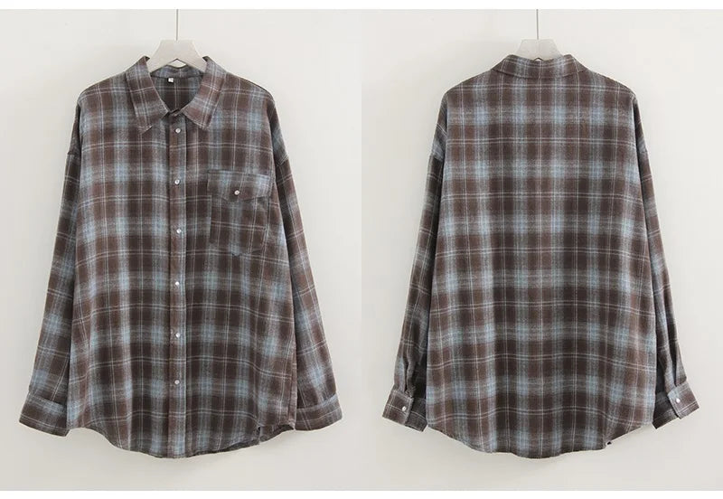 Oversized Vintage Plaid Shirt — Women's Loose Long Sleeve Flannel Top