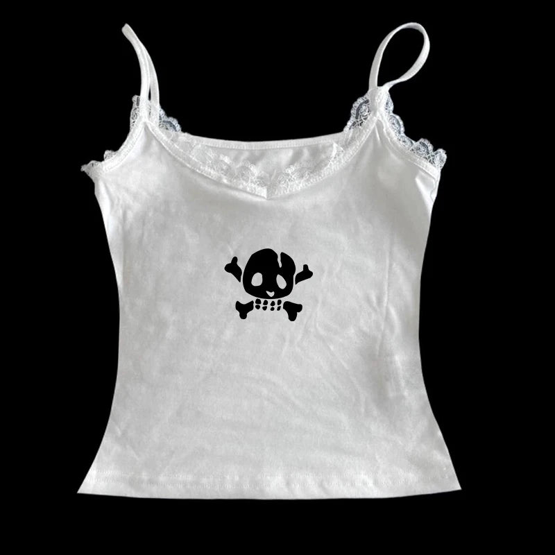 Y2K Skull Lace Crop Tank Top — Harajuku Goth Graphic Sleeveless Top