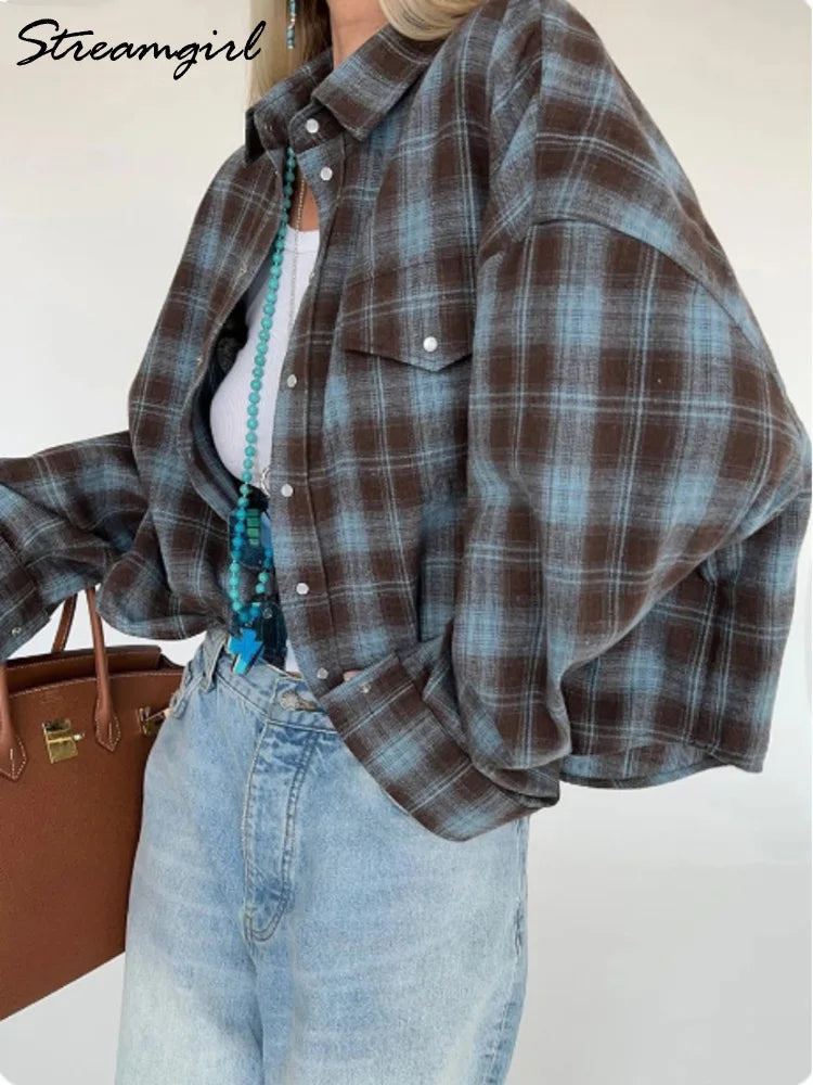 Oversized Vintage Plaid Shirt — Women's Loose Long Sleeve Flannel Top