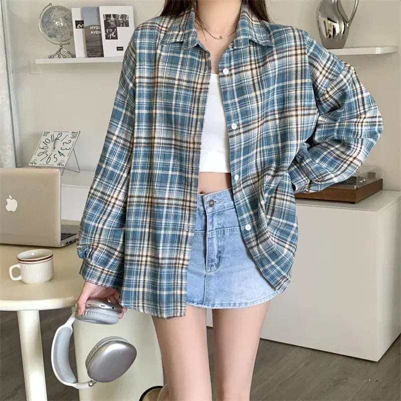 Women's Tartan Plaid Flannel Shirt Jacket — Long Sleeve Button-Up Top