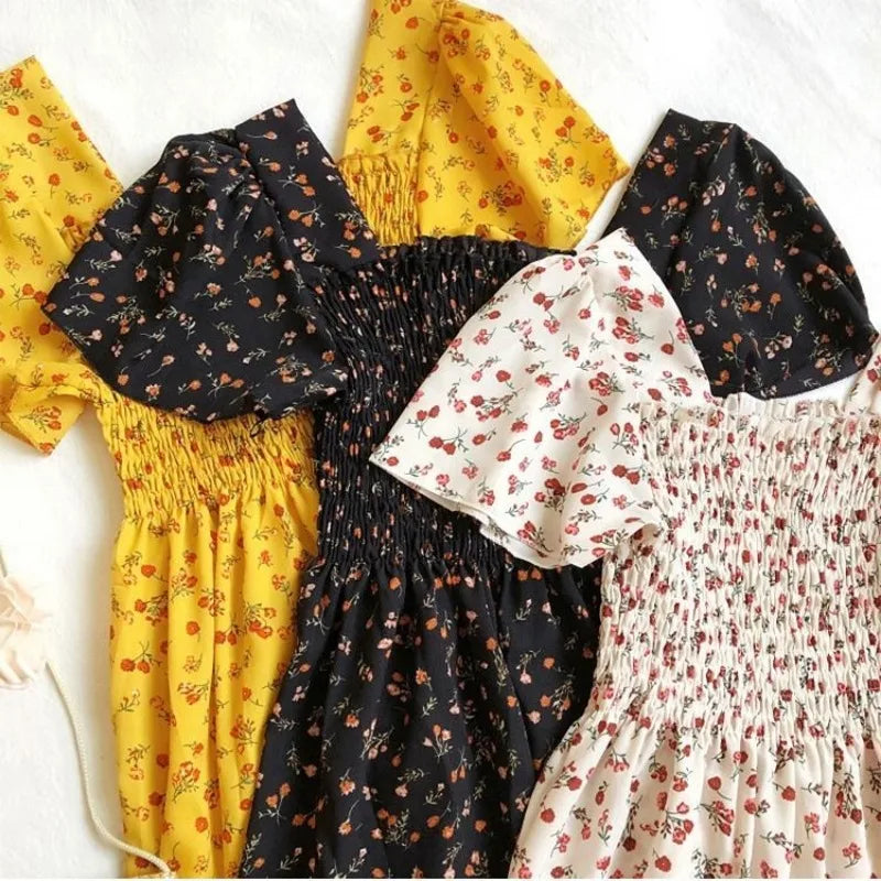Printed Floral Chiffon Midi Dress — Short Sleeve Elastic Waist Summer Dress