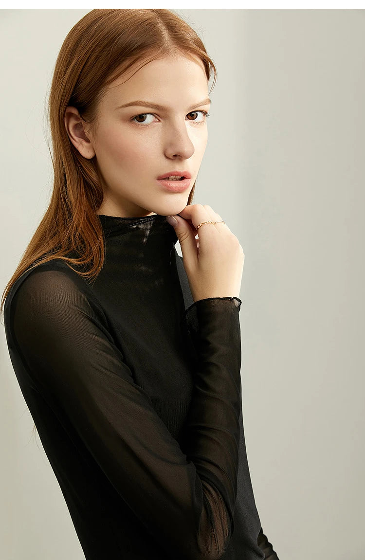 Semi-Turtleneck Slim Mesh Long Sleeve Top — Women's Casual Bottoming Shirt
