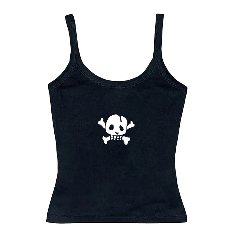 Y2K Skull Lace Crop Tank Top — Harajuku Goth Graphic Sleeveless Top