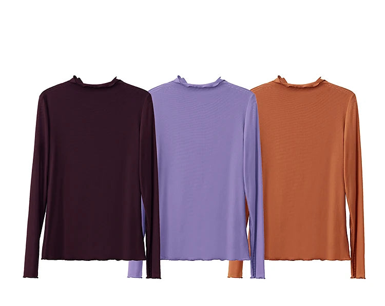 Semi-Turtleneck Slim Mesh Long Sleeve Top — Women's Casual Bottoming Shirt