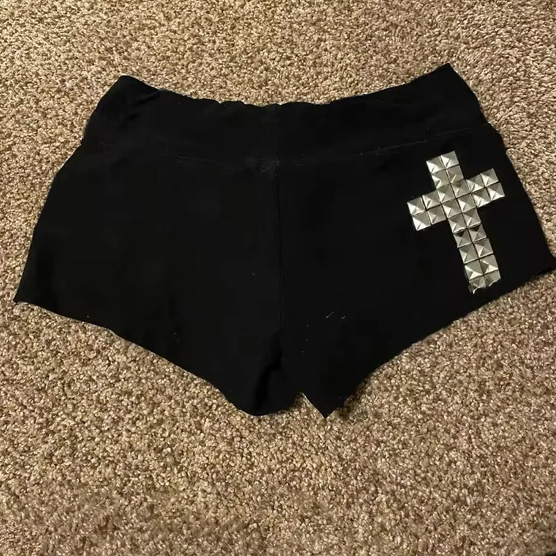 Y2K Gothic Graphic Crop Shorts — Harajuku Streetwear Print Hot Pants
