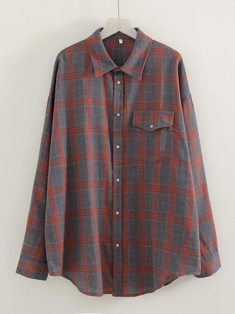 Oversized Vintage Plaid Shirt — Women's Loose Long Sleeve Flannel Top