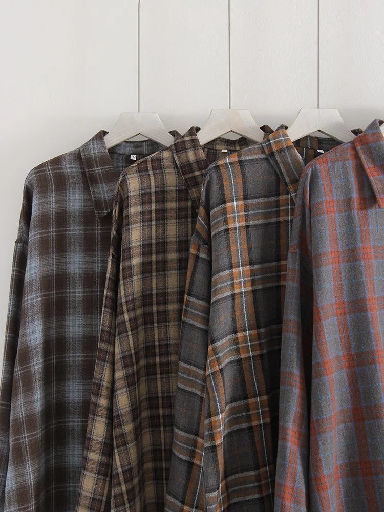 Oversized Vintage Plaid Shirt — Women's Loose Long Sleeve Flannel Top