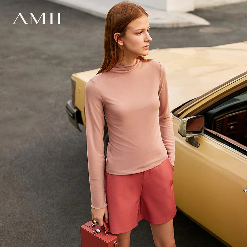 Semi-Turtleneck Slim Mesh Long Sleeve Top — Women's Casual Bottoming Shirt