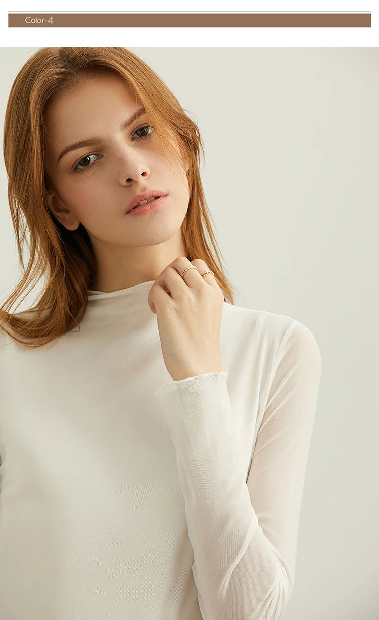 Semi-Turtleneck Slim Mesh Long Sleeve Top — Women's Casual Bottoming Shirt