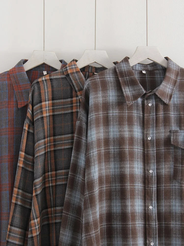 Oversized Vintage Plaid Shirt — Women's Loose Long Sleeve Flannel Top