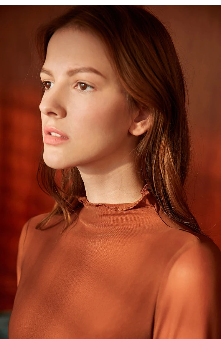 Semi-Turtleneck Slim Mesh Long Sleeve Top — Women's Casual Bottoming Shirt