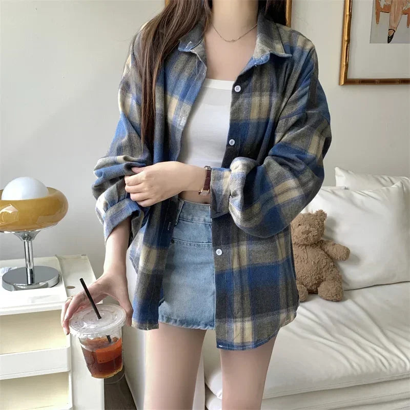 Women's Tartan Plaid Flannel Shirt Jacket — Long Sleeve Button-Up Top