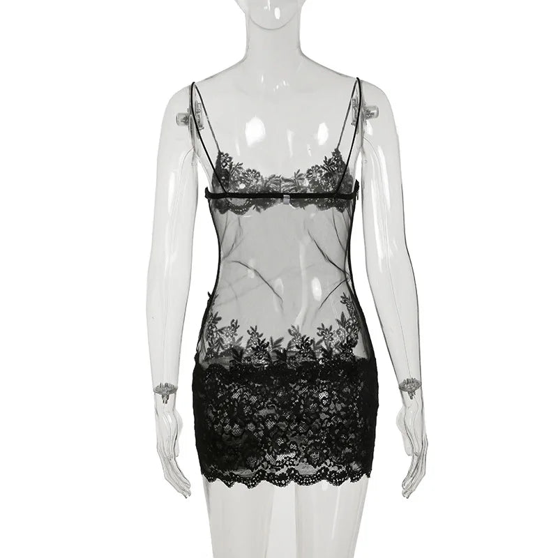 Floral Lace Mesh Mini Dress — Sheer Embroidery Bodycon
