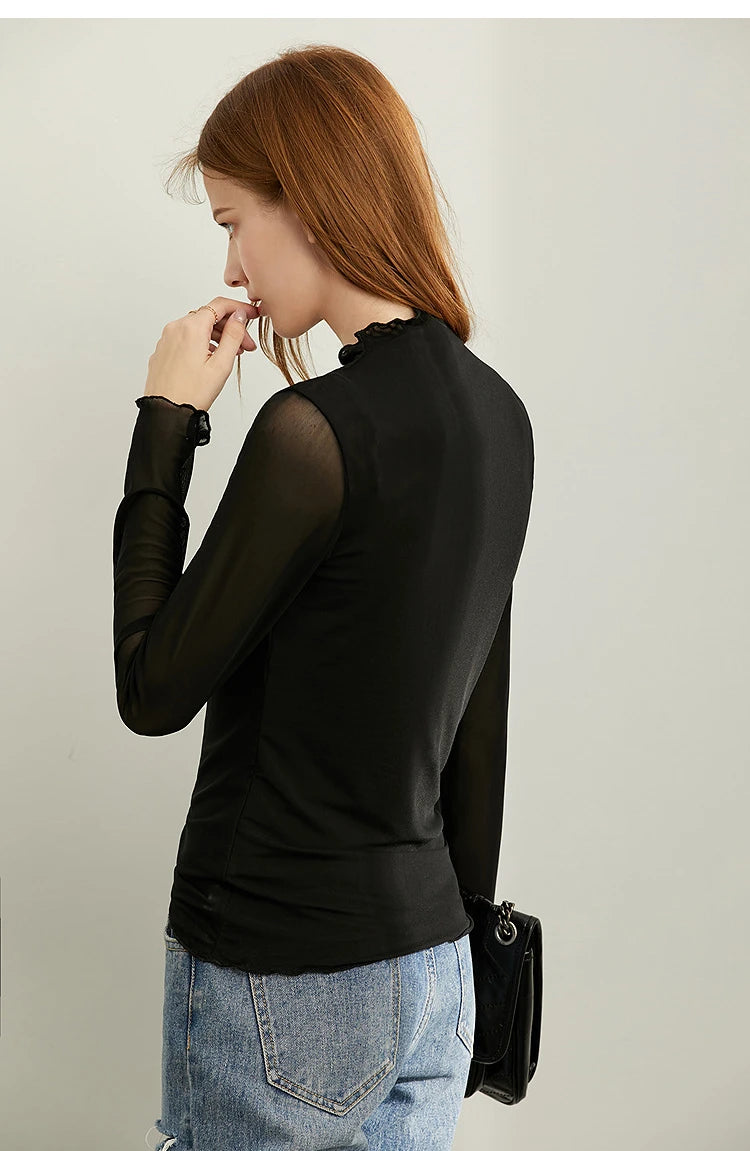 Semi-Turtleneck Slim Mesh Long Sleeve Top — Women's Casual Bottoming Shirt