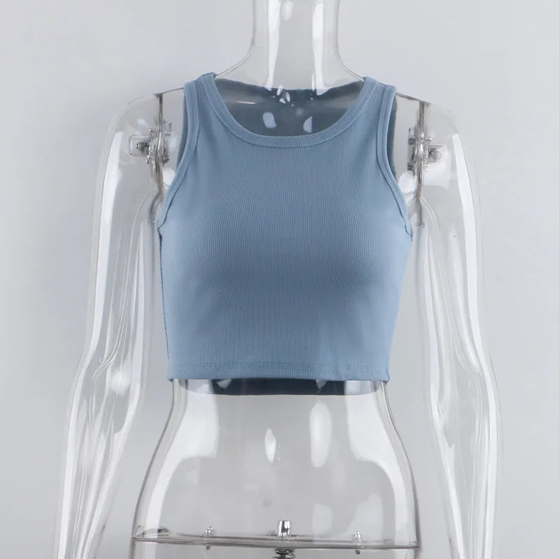 Ribbed Knit Crop Tank Top — Y2K Off-Shoulder Sleeveless Vest
